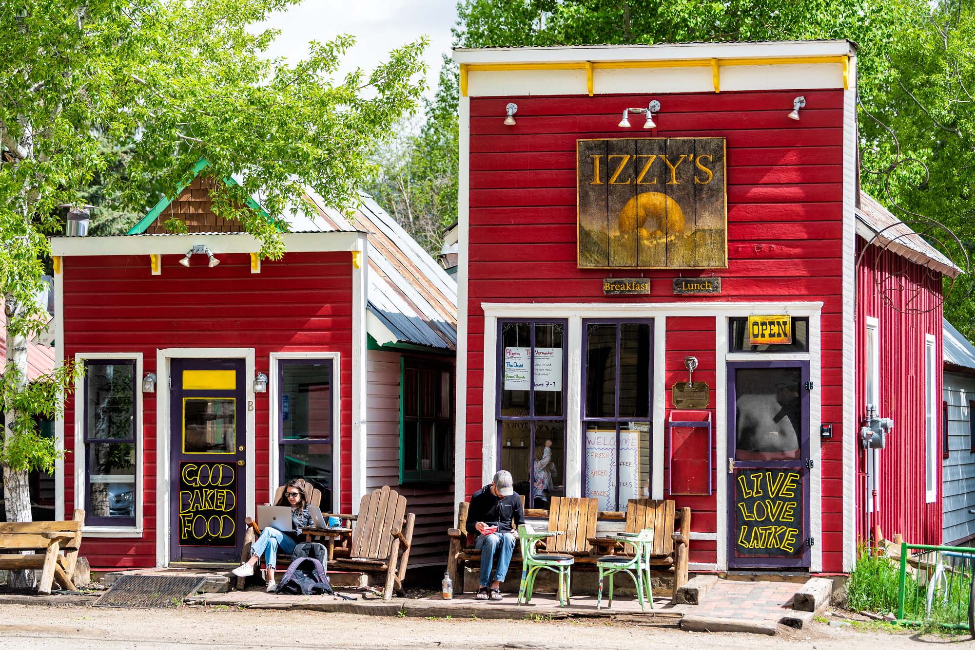 Crested Butte, Colorado village on main street with red building restaurant or cafe